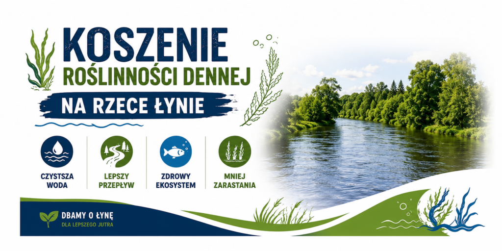Koszenie roślinności dennej w rzece Łynie.
