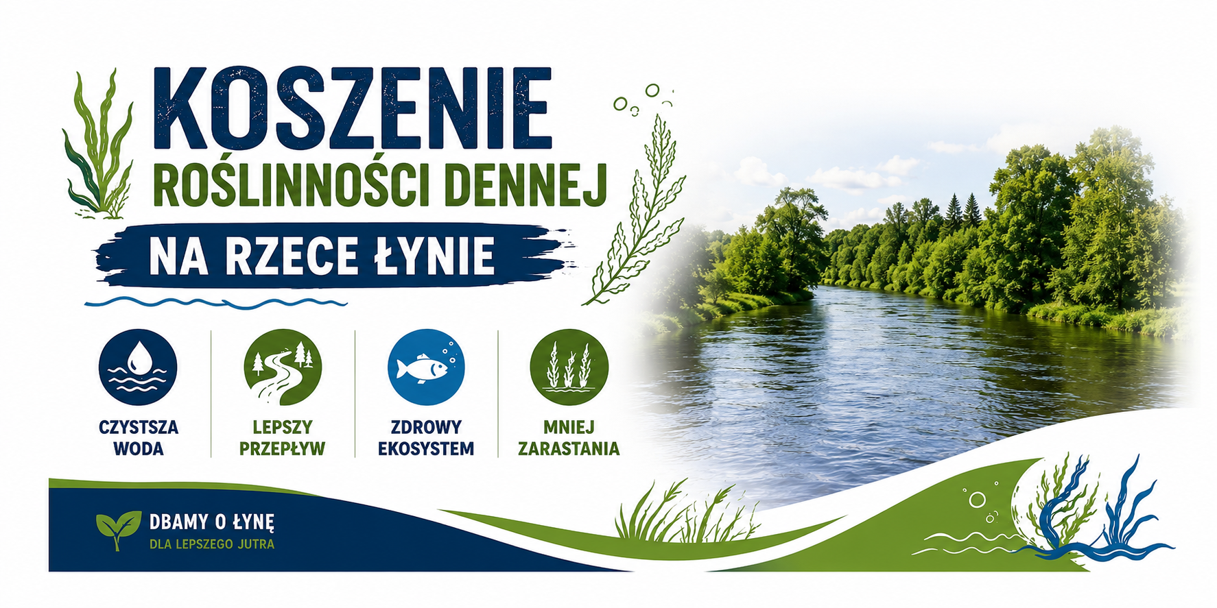 Koszenie roślinności dennej w rzece Łynie.