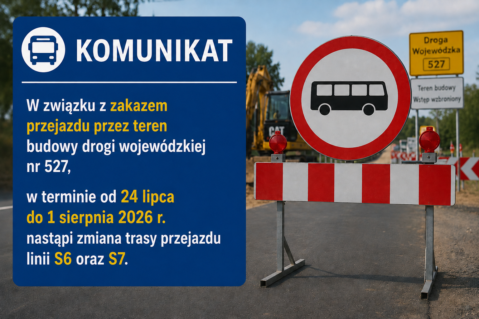 Informacja dla pasażerów w terminie od 24 Lipca do 1 sierpnia 2026 r. nastąpi zmiana trasy przejazdu linii S6 oraz S7.