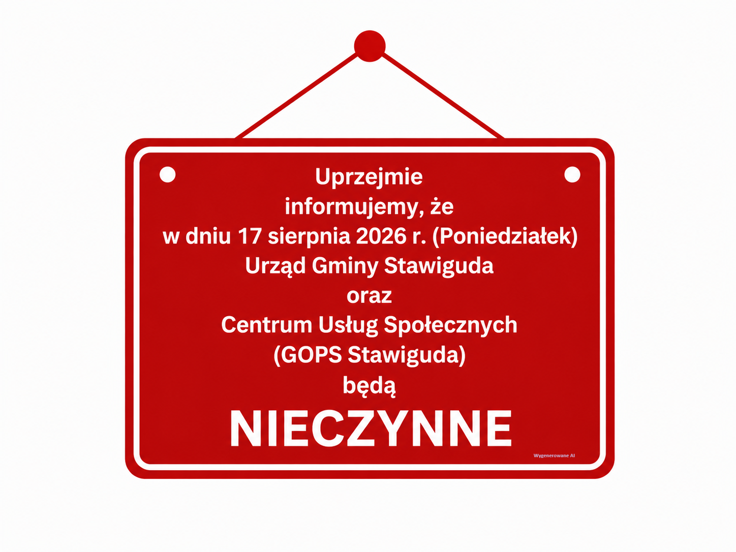 17 sierpnia Urząd Gminy Stawiguda i CUS będą nieczynne